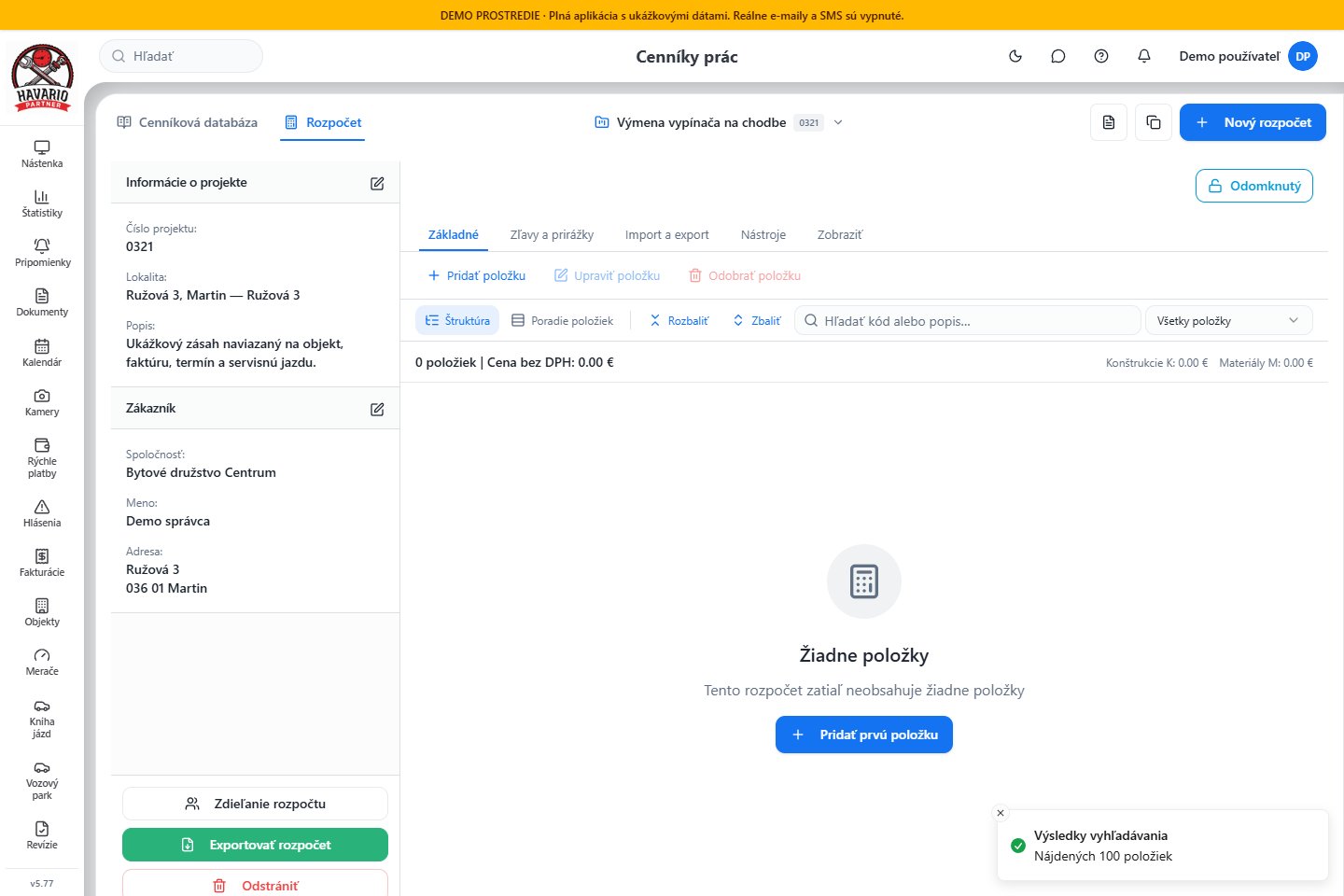 Rozpočtový projekt — Havario, ukážkové údaje